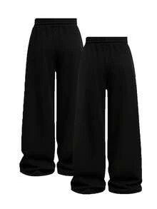 2pcs Girls' Loose Straight Leg Knit Sweatpants - Black - View 2