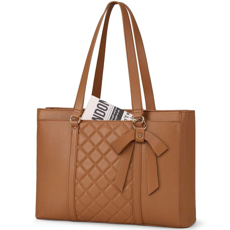 15.6 Inch Women's Fashionable Bow Tie & Diamond Pattern Waterproof Leather Laptop Bag, Professional Computer Briefcase, Spacious Tote Bag For Office, School And Travel, Brown - Multicolor - View 1