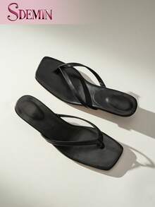 SDEMIN Summer New Arrival Women's Solid Color Slippers, Elegant Vacation Shoes, Casual Beach High Heels Sandals, Fashionable Easy-On Heels For Dress - 黑色 - 查看 3