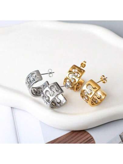 2pcs Elegant Wave Hollow Zirconia Inlaid Women's Earrings, Fashionable & Exquisite Jewelry, Suitable For Daily Wear