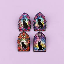 Bunte Fenster Schwarz Katze Herren Damen Broschen Anstecknadeln für Rucksack, weiche Emaille Anstecknadeln, Abzeichen, Schmuckzubehör