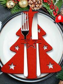 12pcs/24pcs Felt Christmas Tree Cutlery,Christmas Tree Cutlery Fork Pouch Cutlery Decorations Felt Fabric Christmas Party Table Decorations, Christmas Cutlery Storage Bag,Santa Hat Silverware Holder,Christmas Knife And Fork Cover,Christmas Tableware Holder
