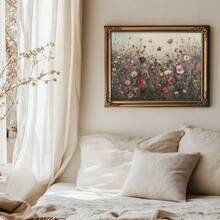 1 pieza Cartel de lienzo vintage enmarcado/sin enmarcar con campo de flores silvestres bohemio, arte de pared floral botánico rústico y oscuro, paisaje minimalista, decoración de granja, estética de Cottagecore para dormitorio, sala de estar, dormitorio, decoración del hogar moderna