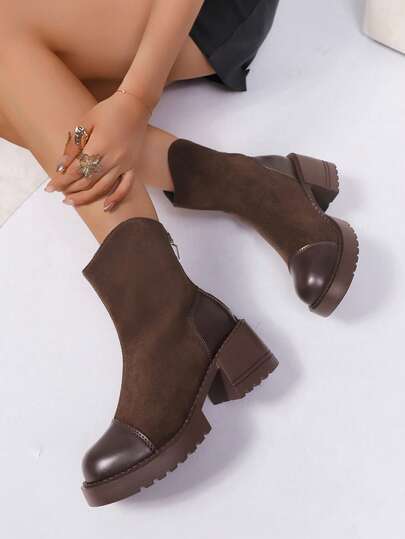 Elegant Vintage British Style High Heel Short Boots For Women, 2025 Autumn/Winter New Fashion Leather & Suede Patchwork Back Zipper Boots, Versatile Commuting Stylish Boots