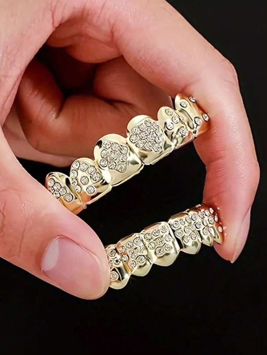 1 Set Personalized Playing Card Rhinestone Teeth Grillz, Fashionable Hip Hop Teeth Jewelry For Music Festivals