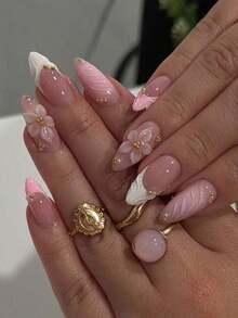 24pcs Almond Shaped 3D Gel Nail Stickers, Floral Nail Art Design, French Tip Style, Medium Size Metal Cross Decor, Pearl Accent, Perfect For Acrylic Nail Tips, Includes: 1pc Jelly Gel And 1pc Nail File. Almond Shaped French Nail Stickers, Suitable For Women's Daily Work, Festivals And Parties. - 多色 3 - 查看 2