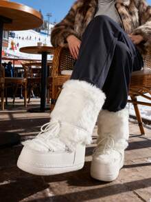 Faux Fur Snow Boots For Women Fuzzy Fluffy Furry Lace Up Mid Calf Boots Winter Warm Fur Boots For Christmas - 白色2 - 查看 8