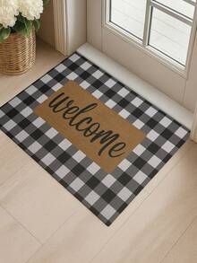 1PC Welcome Doormat With Black Plaid Background And Brown Rectangle Design Featuring Elegant Script Welcome Lettering For Front Door Entrance Home Decor Bathroom Christmas Decorations - Multicolor - View 4