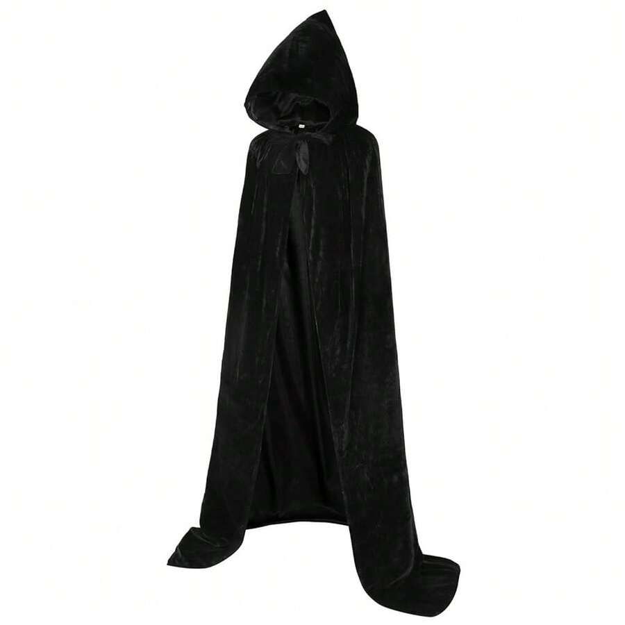 ALIZIWAY Hooded Cape Reversible Velvet Cloak Lined With Satin Renaissance Medieval Halloween Christmas Cosplay Costume{"Color_name":"Reversible-BlackVelvetandBlackSatin","Size_name":"Small"} - 雙面-黑色天鵝絨和黑色緞子 - 查看 1