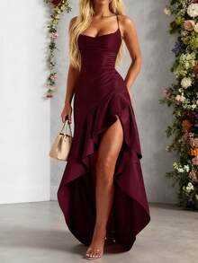 WOWDARK Summer Dress, Wine Red, Fashion Square Neck Ruffle Tie-Back Elegant Party Dress For Women, Suitable For Valentine's Day, Dates, Gatherings, Parties, Travel, Vacation, Beach - Burgundy - View 2