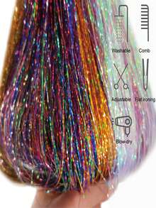 12 peças de extensões de cabelo sintético liso médio com presilha, ideal para festas e Natal. Extensões de cabelo loiro com fio metálico, 12 peças por pacote, 50 cm (20 polegadas) com glitter colorido, perfeitas para presentear em festas e ocasiões especiais. Acessórios de cabelo deslumbrantes para festas e ocasiões especiais. - Multicolorido - Ver 5