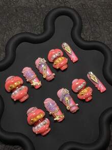 10-Piece Sweet And Edgy Pipe-Shaped Fake Nail Set - Handmade This Is A Handmade 10-Piece Pipe-Shaped Fake Nail Set With A Sweet And Edgy Style. It Integrates Decorations Such As Three-Dimensional Red Lips, Metal Butterflies, Black Bows, Rivets, And Dollar Signs. Featuring Pink And Orange Tones, The Style Combines Sweetness, Edginess, And Artistry, Presenting A Strong Visual Contrast. - 彩色 - 查看 3