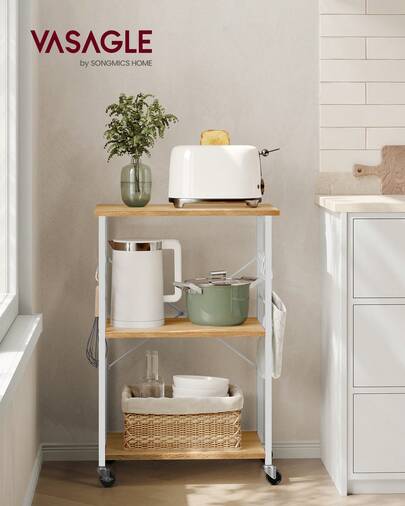 Kitchen Shelf On Wheels, Serving Trolley With 3 Shelves, Microwave Shelf, For Mini Oven, Toaster, With 6 Hooks, Industrial Style, Golden Oak And Cloud White