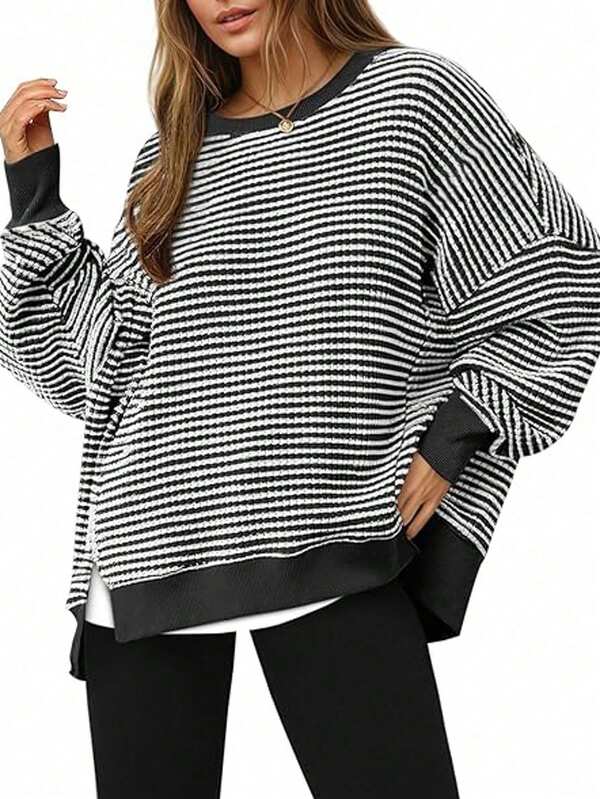 Women's Plus Size Waffle Knit Striped Long Sleeve Crew Neck Casual Loose Pullover Sweatshirt With Drawstring Waist, Suitable For Autumn/Winter
