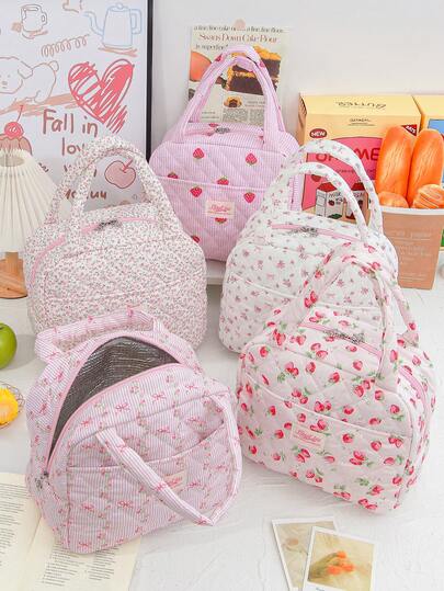 Cute Strawberry Lunch Tote Bag, Pink Floral Print Insulated Lunch Box, Portable Reusable Cold Drink Storage Bag, Bow Insulated Lunch Container, Picnic Bag