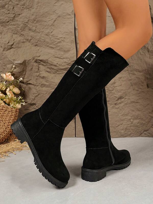 Women's Classic Western Style Fabric Buckle Side Zipper Comfortable Flat Elegant Mid-Calf Boots, Versatile For Autumn/Winter