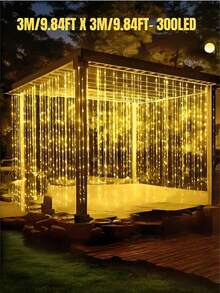 1条太阳能窗帘灯串 - 100/200/300颗LED灯珠，8种照明模式，IP65防水，户外太阳能灯串，适用于花园、露台、凉亭、房屋墙壁、家居、婚礼、派对、窗户、圣诞节、节日、复活节装饰，室内/室外（暖白/白/彩色） - 黑色 - 查看 16