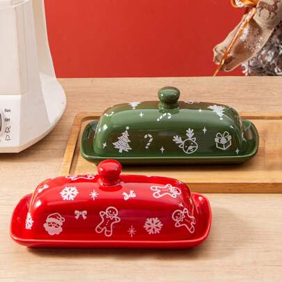 Manteigueira de inverno com tampa para bancada, recipiente retangular para manteiga com cobertura de Natal, com design de árvore de Natal e boneco de gengibre, recipiente para manteiga para festa de Natal e casa, presente de Natal perfeito