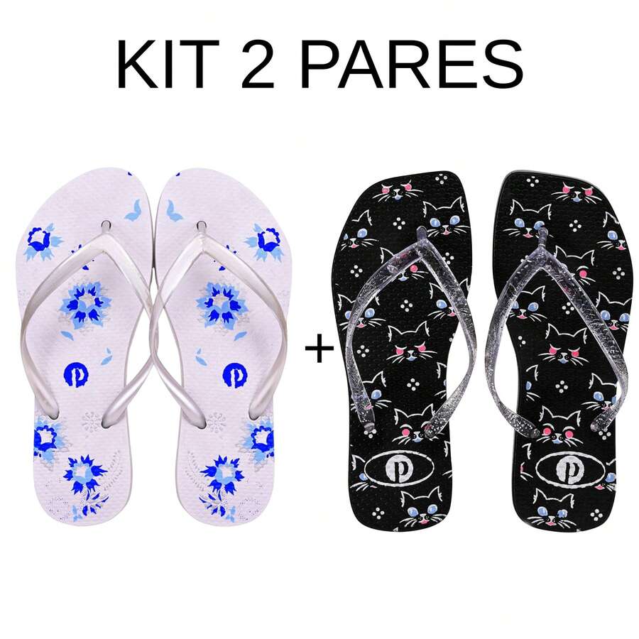 Comfortable Soft Women's Flip Flops - D2.15-blueFlower-blackCat - View 1