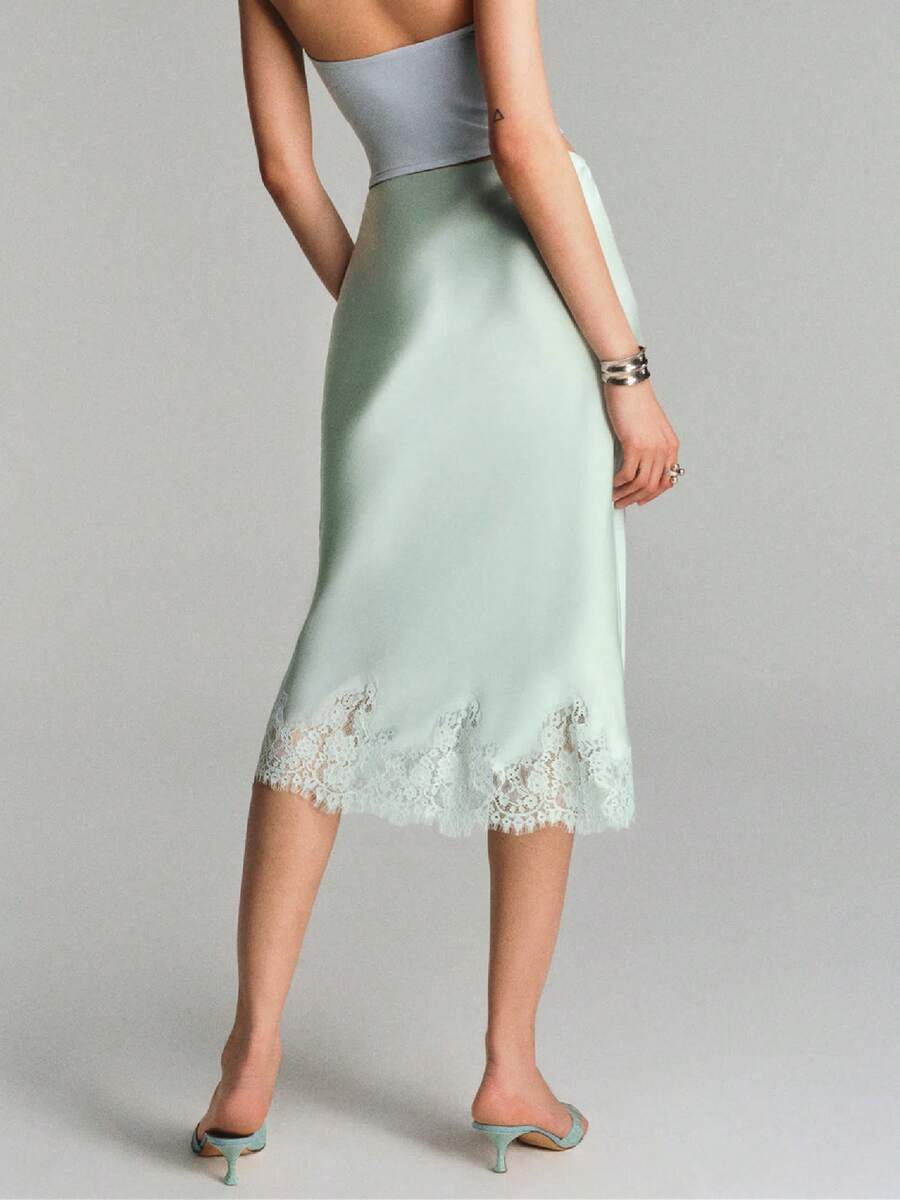 Women Silk Satin Half Slip Long Skirts Lace Patchwork Elastic Waist Long Skirt Elegant Silky Flowy A Line Midi Skirts - 薄荷綠 - 查看 1