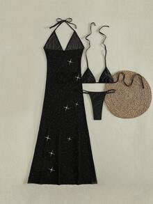 PEPPERMOLLY 2026 Bestselling 3 PiecesBlack Swimsuit Set, Sexy Backless Halter Design, Paired With Mesh Cover-Up, Hot Selling Bikini For Summer Beach Vacation And Pool Party, Perfectly Flattering Figure - Black - View 9