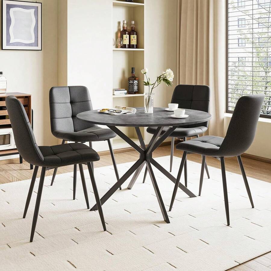 Dining Table And Chairs Set Of 2, Folding Round Dining Table With 2 PU Leather Chairs For Dining Room,Kitchen,Living Room - Gray Table + 4 Linen Black Chairs - View 1