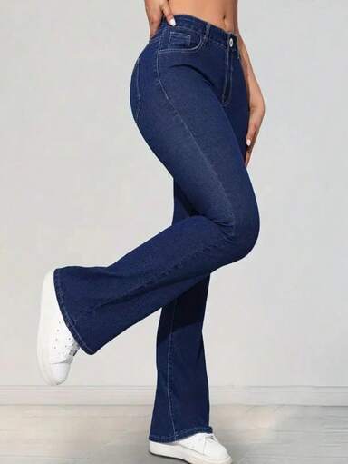 Elegantes jeans acampanados de mezclilla de alta elasticidad para mujer, estilo casual largo con cremallera y bolsillos