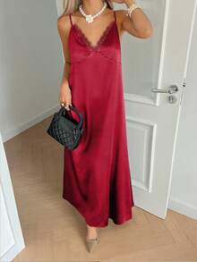 2025年新款女士秋季服装 - 优雅黑色缎面吊带裙 | 女士秋季穿搭 | 露背系带长裙 | 定制蕾丝装饰 | 复古富贵风格 | 适合派对、外出、通勤、商务休闲及日常穿着 | 万圣节和圣诞节必备 | 秋冬必备夏季单品 - 紅色 - 查看 5