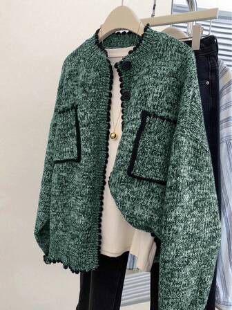 1 件女式纯灰色针织长袖口袋开衫，柔软休闲，适合 Y2K、学校、音乐节、日常穿着、秋冬季