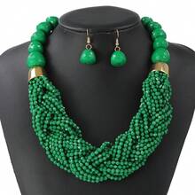 3 Pcs Bohemian Multi-Layered Seed Bead Oversized Jewelry Set For Women (Necklace & 2 Earrings), Unique Stylish Bold Sleek Versatile Delicate Dainty Minimalist Classic Modern Accessories, Light Luxury, Personalized, Fashionable, Suitable For Daily Wear, Work, Party, Wedding, Vacation, Music Festival, Dinner - màu xanh lá - Xem 11