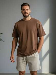 Oversized Streetwear T-Shirt And Bermuda Shorts Linen Casual Men's Basic Beach Set - Rỉ Nâu - Xem 3