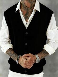 GRDR 1pc Men's V-Neck Button Cardigan Vest Sweater, Fine Knit Fabric, Windproof & Warm, Casual Outerwear - Black - View 2