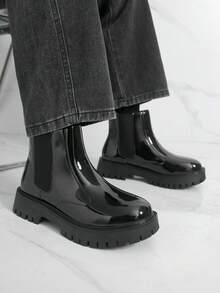 New Versatile Fashion Solid Color Punk Party Preppy School Uniform Style Faux Leather Chelsea Boots, Suitable For Holidays, Weddings, School, Vacation, Parties, All Seasons - Black - View 6