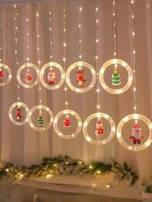 1 pieza Juego de luces LED tipo cortina navideña cálida, incluye patrones de Papá Noel, renos, muñeco de nieve y árbol de Navidad con 3 metros y 112 luces LED, luces de decoración navideña alimentadas por USB, adecuadas para el hogar, dormitorio y decoración festiva, decoración colgante interior