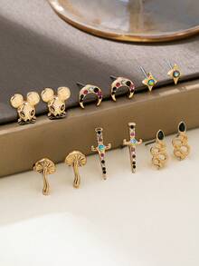 6 Pairs Vintage Colorful Rhinestone Sword, Moon, Star, Mushroom, Mouse, Snake Stud Earrings Set, Delicate & Versatile Design For Daily Wear - Multicolor - View 4