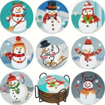 8pcs Diamond Painting Craft Kit, Asymmetrical Shape, Christmas Snowman Pattern Artificial Diamond Painting Coasters & Holders, DIY Crystal Diamond Painting Mosaic Painting Wooden Desk Art Coasters With Stands, Suitable As Christmas Gift