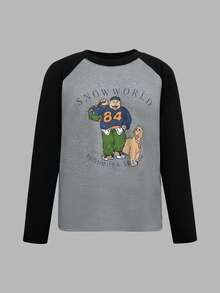 Plus Size Women Slogan & Cartoon Dog Print Contrast Color Round Neck Raglan Long Sleeve Casual Loose T-Shirt