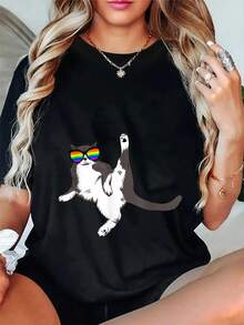 Maglietta 100% cotone con gatto, amore, orgoglio gay e lesbico LGBT, per donne e uomini, estiva, vacanza, morbida, vestibilità rilassata, classica e comoda - nero - Visualizzare 5