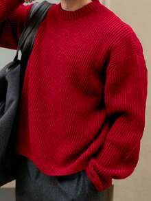 Áo len dệt kim dáng rộng, nhẹ nhàng, thiết kế tối giản, cổ tròn, thích hợp cho mùa thu/đông. - Màu Hoa hồng đỏ - Xem 2