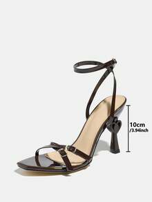 Women's Classic Fashion Buckle Decor Small Square Toe Heart-Shaped Stiletto High Heel Sandals, Soft Texture Mirror Surface Material, Ankle Strap, Suitable For Christmas, All Seasons, Night Party, Banquet, Shopping, Dating, Gift, Avant-Garde Sexy Luxurious Style, Coffee Brown High Heels To Match Autumn Women's Wear,Spring Summer Outfits - Coffee Brown - View 8