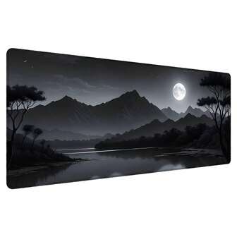 1 件单色月光山湖鼠标垫 - 夜景，满月，水面倒影和山峰轮廓，防滑橡胶底座，桌面抓握稳定，加固边缘，持久耐用，优质配件，适合专注办公任务和沉浸式游戏，是自然爱好者、极简主义者和夜间美学爱好者的理想礼物