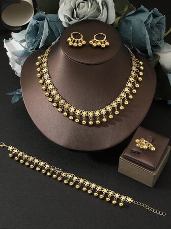 1 Set 18K Gold Plated Metallic Bead, Tassel Necklace, Earrings, Bracelet, Ring Jewelry Set For Women, High-Quality Wedding Jewelry, Versatile For Daily And Formal Occasions, Suitable For All Seasons