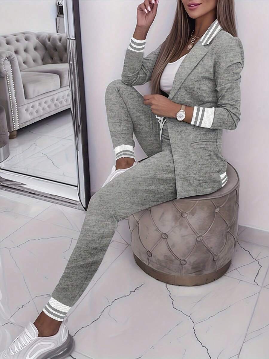 Women's Striped Casual Sports Long Sleeve Jacket And Pants Suit - Grey - View 1