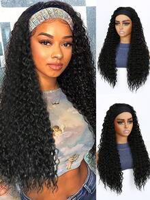 Water Wave Headband Wigs Synthetic Put-On & Go Curly Wave Synthetic Wig With Head Band Affordable For Women Daily Use Natural Black Color For Daily Party , Halloween, Cosplay,Christmas, Parties, Etc.
