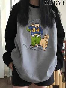 Plus Size Women Slogan & Cartoon Dog Print Contrast Color Round Neck Raglan Long Sleeve Casual Loose T-Shirt