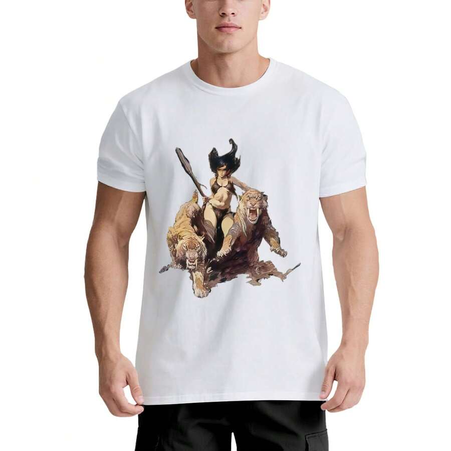 Camiseta Gráfica de Estilo Cazadora Fantástica - 220g Algodón, Transpirable y Cómoda, Color Negro y Blanco, Estampado Retro Fantástico, Uso Diario, Casual y Reuniones, Unisex para Hombres y Mujeres, Camiseta Unisex 220g, Camiseta Gráfica Casual - Blanco - Ver 1