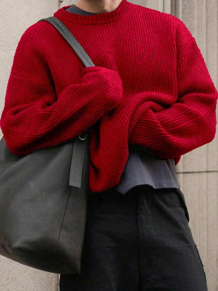 轻盈休闲针织宽松男女通用毛衣，简约设计，宽松圆领套头衫，适合秋冬季穿着。 - 玫瑰紅 - 查看 3