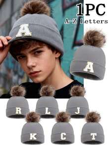1pc Unisex 26 Letter Decor Faux Fur Pom Pom Knit Beanie Hat, Versatile Warm Windproof Casual Cap, Suitable For Autumn/Winter Outdoor Wear, Great Gift Men Women Clothing Winter