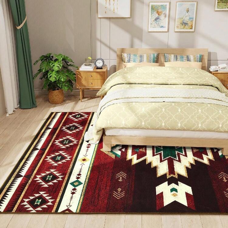 A Premium Red Retro-Style (950g/㎡) / Devore Velvet Version Of A Large-Area Carpet, The High-End Model Features High-Density Thickened Material. Adorned With Personalized Geometric Pattern Designs, This Luxurious Area Rug Perfectly Complements Various Home Decor Styles. Kitchen Rug - Multicolor - View 4