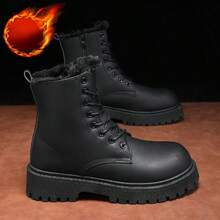 1 双男女款冬季新款黑色毛绒保暖高帮皮鞋靴子，时尚朋克系带圆头毛茸茸室内靴，比常规尺码大一码 - 黑色 - 查看 18